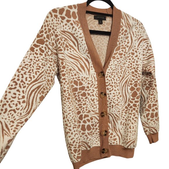 Ann Taylor Animal Pattern Knit Cardigan Size XS Light Bronze White - Picture 3 of 7